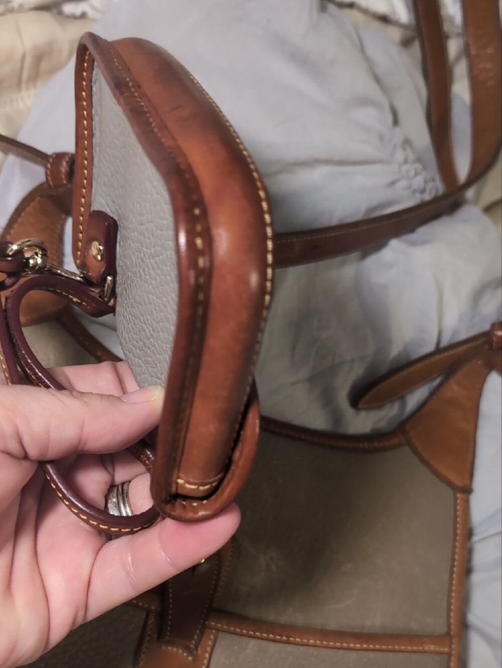 Dooney & Bourke Vintage Taupe with Tan Leather Trim Shoulder Bag - Picture 7 of 13